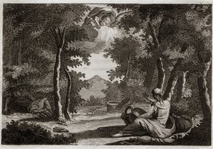 Bíblia de Royaumont, Velho Testamento: Vôo de Agar. Agar (Agar) sobe contos Sara (Sarah), sua amante. Sara conversa com a sua insolência com severidade. Agar não a pode sofrer e fugiu de casa no deserto, ou um Anjo fala com ela para trazê-la de volta com S de Unknown artist
