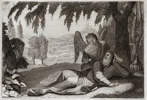 Bíblia de Royaumont, Velho Testamento: O voo de Elias. Elias fugindo da ira de Jezabel, que queria vingar-se dele pela morte de seus falsos Profetas, é apoiado no deserto por um Anjo que lhe traz comida. Ilustração de 1811. de Unknown artist