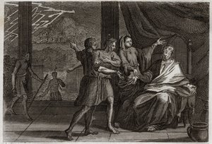 Bíblia de Royaumont, Velho Testamento: Amigos de Jó. Jó ao invés de ser consolado por três príncipes, seus amigos, que vieram vê-lo, não receberam nada além de tristeza porque queriam fazê-lo parecer culpado. Ilustração de 1811. de Unknown artist