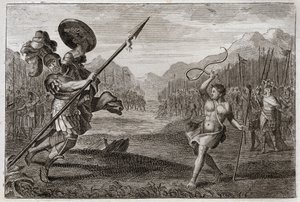 Bíblia de Royaumont, Velho Testamento: Golias Gigante. Golias, filisteu, de prodigiosa grandeza, é derrotado por Davi, arma apenas com uma funda e um pau. Ilustração de 1811. de Unknown artist