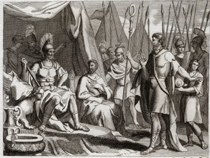 Bíblia de Royaumont, Velho Testamento: Holoferne. General do Exército de Nabucodonosor II, Holoferne se aproxima da Judéia. Ahior, Rei dos Amonitas, que veio para lhe devolver, levanta diante de Holoferne o poder do Deus dos Judeus. Ilustração de 181 de Unknown artist