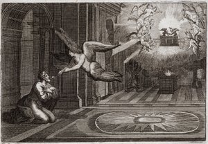 Bíblia de Royaumont, Velho Testamento: O profeta Isaías. Um serafim tomou com a sua pinça uma brasa de fogo que estava sobre o altar, e tocou os lábios deste santo profeta, para purificá-lo de todas as suas manchas. Ilustração de 1811. de Unknown artist
