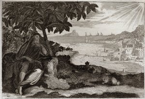 Bíblia de Royaumont, Velho Testamento: A sobremesa de Hera. Deus mostra por um exemplo sensível, ao seu profeta Jonas, o quanto ele ama os homens, e o quanto sofre quando é obrigado a puni-los. Ilustração de 1811. de Unknown artist