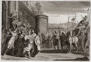 Bíblia de Royaumont, Velho Testamento: Jefté sacrifica a sua filha. Jefté, um dos juízes de Israel, prometeu sacrificar a Deus a primeira pessoa que viria até ele depois de sua vitória contra os amonitas. Era a filha dele. Ilustração de 1811. de Unknown artist