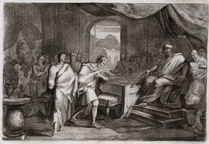 Bíblia de Royaumont, Velho Testamento: Joachim atira ferros. Evilmerodach (Evil Merodac, Evil Merodac), Rei da Babilônia, após a morte de Nabucodonosor II, trata Joaquim (Joacim, Joaquim, Jeconias), outrora Rei de Judá, e o tira dos ferros para sentar-se e de Unknown artist