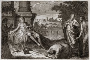 Bíblia de Royaumont, Velho Testamento: Trabalho com estrume. O homem santo Jó é tentado pelo demônio que lhe tira todo o seu bem e todos os seus filhos, e o atinge com uma ferida terrível, e o deixa apenas sua esposa para carregá-lo com impaciência. Ilustr de Unknown artist