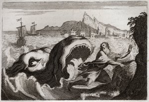 Bíblia de Royaumont, Velho Testamento: Jonas na baleia. O profeta Jonas vive numa baleia, e sai vivo. Ilustração de 1811. de Unknown artist