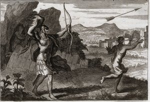 Bíblia de Royaumont, Velho Testamento: Jonathan e David. E quando Jônatas viu o amargo de seu pai, Saul o advertiu para se retirar. Ilustração de 1811. de Unknown artist