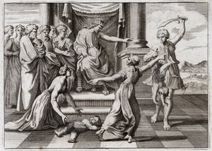 Bíblia de Royaumont, Velho Testamento: O julgamento de Salomão. O famoso julgamento de Salomão entre duas mulheres, para reconhecer qual das duas era a mãe de uma criança, que ambas afirmavam ser ela. Ilustração de 1811. de Unknown artist