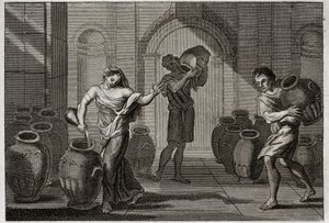 Bíblia de Royaumont, Velho Testamento: Milagre de Eliseu. Uma viúva atormentada de seus cretadores, usando a caridade de Eliseu, este Profeta ordenou que ela pegasse emprestado muitos vasos desses vizinhos, que ela encheu de óleo com um pequeno remanescent de Unknown artist