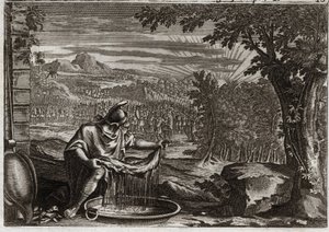 Bíblia de Royaumont, Velho Testamento: Milagre de Fleece. Gedeon (Gideão) obteve de Deus o milagre do velo como prova de que ele o tinha escolhido e que o tornaria o libertador do seu povo. Ilustração de 1811. de Unknown artist