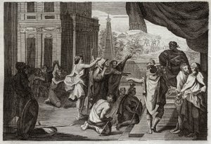 Bíblia de Royaumont, Velho Testamento: Moisés perante o Faraó. Moisés pede ao Faraó que deixe os hebreus irem para o deserto para sacrificar ao Senhor. Ilustração de 1811. de Unknown artist