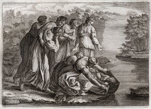 Bíblia de Royaumont, Velho Testamento: Moisés salva águas. A filha do faraó retirou Moisés das águas do Nilo e o adotou para seu filho. Ilustração de 1811. de Unknown artist