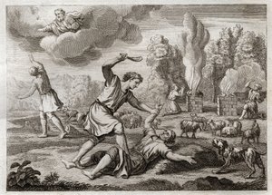 Bíblia de Royaumont, Velho Testamento: Assassinato de Abel. Caim carrega seu irmão com inveja contra Abel, levando-o para o campo como se fosse para andar, e matando-o. Ilustração de 1811. de Unknown artist