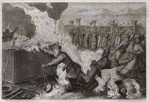 Bíblia de Royaumont, Velho Testamento: Nadab e Abiu. Nadabe (Nadav) e Abiu (Abihou), os filhos de Arão, que colocaram um fogo estranho em seus incensos, para oferecer incenso a Deus, foram queimados no próprio Tabernáculo. Ilustração de 1811. de Unknown artist