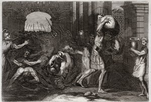 Bíblia de Royaumont, Velho Testamento: Predição de Eliseu. Um Senhor de Samaria, tendo enganado as palavras de Eliseu, está lotado a seus pés. Ilustração de 1811. de Unknown artist