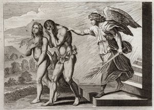 Bíblia de Royaumont, Velho Testamento: Punição de Adão. Deus expulsa Adão e Eva do Paraíso após a sua queda, e coloca um Querubim à porta para defender a sua entrada. Ilustração de 1811. de Unknown artist