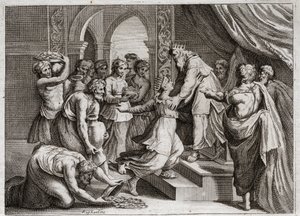 Bíblia de Royaumont, Velho Testamento: Rainha de Sabá. A Rainha de Sabá vem a Salomão para ouvir a sua sabedoria e para lhe oferecer presentes. Ilustração de 1811. de Unknown artist