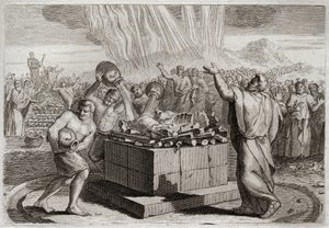 Bíblia de Royaumont, Velho Testamento: Sacrifício de Elias. E tendo tornado o verdadeiro Deus conhecido pelo milagre do fogo que desceu do céu sobre o seu sacrifício, ordenou ao povo que matasse os quatrocentos e cinquenta sacerdotes do ídolo de Baal. Illu de Unknown artist