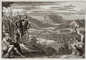 Bíblia de Royaumont, Velho Testamento: Soldados de Gedeon. Deus ordena a Gedeon (Gideão) que conduza todas as suas tropas até o rio Jordão, e lhe dá uma marca para discernir aqueles que ele deveria usar para lutar contra os midianitas. Ilustração de 1811. de Unknown artist