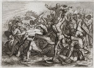 Bíblia de Royaumont, Velho Testamento: Sun Stop. Josué perseguindo seus inimigos amorosos (amorrites) faz o Sol parar, para que ele possa ter mais tempo para desfazê-los. Ilustração de 1811. de Unknown artist