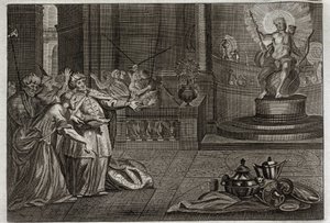 Bíblia de Royaumont, Velho Testamento: O Ídolo de Bel. Daniel destruiu o Ídolo de Bel, e matou um dragão que os babilônios adoravam. Ilustração de 1811. de Unknown artist