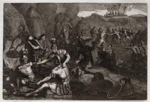 Bíblia de Royaumont, Velho Testamento: "Ladrões de Perna de Royaumont". Alguns amalequitas vêm para saquear o Siceleg na ausência de David. Ele corre furioso e os perde. Ilustração de 1811. de Unknown artist