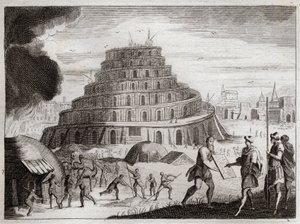 Bíblia de Royaumont, Velho Testamento: Torre de Babel. Os homens querem por vaidade erguer uma Torre para o céu. Deus impede este trabalho confundindo as suas línguas para que não possam mais ouvir uns aos outros falar. Ilustração de 1811. de Unknown artist