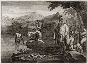 Bíblia de Royaumont, Velho Testamento: Guerra de Naaman. Naaman, general do exército do rei da Síria, veio para encontrar o profeta Eliseu para ser curado de sua lepra. Ilustração de 1811. de Unknown artist