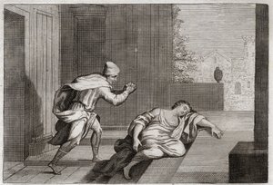 Bíblia de Royaumont, Velho Testamento: Mulher do Levita Ultragee. A mulher do Levita foi encontrada morta à porta depois de ter sido abusada por bandidos. Ilustração de 1811. de Unknown artist
