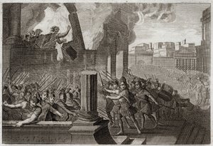Bíblia de Royaumont, Velho Testamento: Queimaduras de Zambri. Zambri, tendo-se revoltado contra Ela, o quarto rei de Israel, está sitiado em Thersa, onde se queima, com toda a sua família, no seu palácio. Ilustração de 1811. de Unknown artist