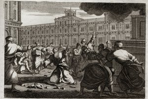 Bíblia de Royaumont, Velho Testamento:, Zacarias apedrejado. Zacarias, o Sumo Sacerdote, é apedrejado por ordem de Joás (Jeoás), rei de Judá, porque ele o tirou de suas ordens. Ilustração de 1811. de Unknown artist