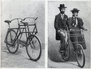 Bicicleta tem dois assentos do fabricante "Punnett Cycle" sem e com ciclistas. Gravação em "La Nature". de Unknown artist