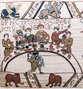 Bispo Odo abençoa a comida e o vinho, Bayeux Tapestry (bordado de lã em linho) de Unknown artist