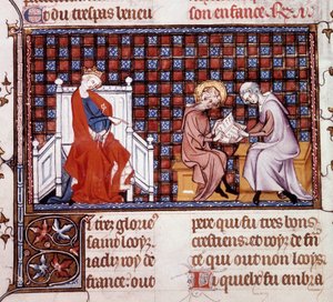 Blanche de Castille, Rainha de França (1188-1252), dirigindo a educação de seu filho Luís IX (1214-1270) (Saint Louis Miniature de um manuscrito "Vida e Milagres de Saint Louis", de Guilherme de Saint Pathus de Unknown artist