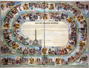 Jogos de tabuleiro: quadro do "Jogo do Grande Homem", modelo do jogo do ganso em homenagem ao imperador Napoleão I (1769-1821). Coleção Particular do Século XIX de Unknown artist