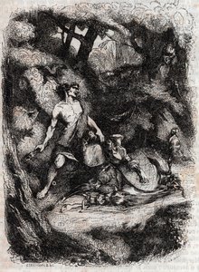 Bradamante terrassee por um gigante - gravura de 1851 de "Furious Roland" (Orlando furioso) (século XVI) de Ludovico Ariosto, conhecido como Ariosta - Edição traduzida do italiano pelo Conde de Tressan e publicada por Gustave Harvard 1851 de Unknown artist