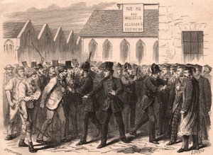 Briga entre os estudantes da Universidade de Oxford e trabalhadores em uma rua de Oxford, Inglaterra de Unknown