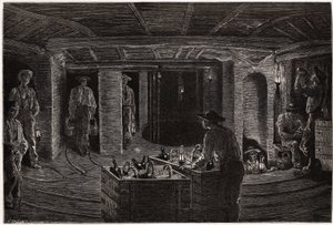 Café da manhã na mina, distribuição e consumo de cestas básicas para os mineiros nas galerias de mineração de carvão do Creusot. Gravura para ilustrar uma viagem ao Creusot e às minas de Saone e Loire, em 1865, por L. Simonin, em "Le tour du monde, no de Unknown artist