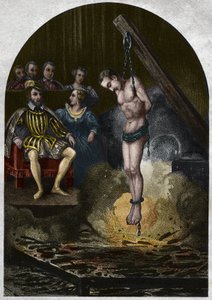 Câmara de queima (corte) Sob o Rei Henrique II (1519-1559) na presença de Catarina de Medicis (Caterina de Medici). Gravura de 1842 em "Histoire des popes" de Maurice Lachatre. Coleção particular. de Unknown artist