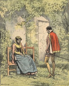 Bussy and Diane, conhecida como Madame de Monsoreau, no jardim pronto da Igreja, Ilustração do romance "La Dame de Monsoreau" de Alexandre Dumas no "Journal des novels populaires illustrés". de Unknown artist