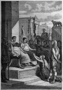 CAPTIVIDADE DE CHAMACUS - Caratacus (Caratacos, Caratacus) em cativeiro com sua família se dirige ao Imperador Romano Cláudio (Cláudio I) (10 AC-54 AD) - Gravura em "L