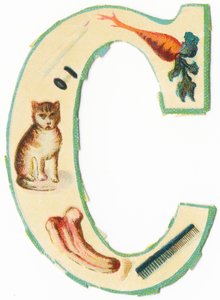 C: coral, cenoura, vela, algodão, gato, colocíntida, pente (litografia de cor) de Unknown artist