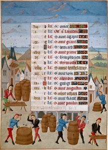 Calendário: Agosto - Fabricação de barricas de vinho - Miniatura do Mestre Jean de Rolin (século XV) de "The Hours of Adelaide of Savoy, Duchess of Burgundy" 1460-1465 Chantilly, Musee Conde de Unknown artist