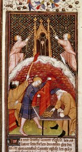 Página do calendário: Março. Uma loja de penhores. Miniatura do manuscrito do "Hours à l