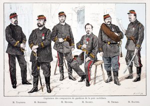 Capitães das empresas de manutenção de paz mobilizadas, da esquerda para a direita: Sr. Toquenne, Sr. Rousseau, Sr. Mennier, Sr. Rochut, Sr. Thomas, Sr. Blavier. Eau forte en couleurs, para ilustração do livro "Histoire du corps des gardiens de la paix" pu de Unknown artist