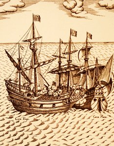 Captura do galeão espanhol Cagafuego pelo Golden Hind liderado por Francis Drake em Março de 1579 (gravura) de Unknown artist