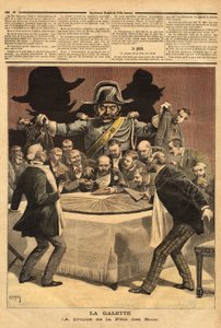 Caricatura da ilustração "la galette", sobre a festa dos reis, onde o banqueiro corta o bolo, todos se precipitaram para ter uma parte e encontraram em vez de uma festa o gendarme. Gravura em "Le petit journal" 7/01/1893. A colecção da Selva. de Unknown artist