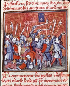 Dinastia Carolíngia: "Rei carolíngio Carlos II diz que o careca (823-877) durante uma batalha" Miniatura tirada de "Les grandes Chronicles de France" Chantilly do século XIV, Musee Conde de Unknown artist