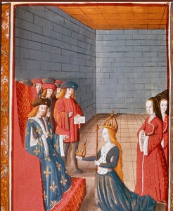 Dinastia Carolíngia: "O rei carolíngio Carlos II diz que o careca (823-877) toma a cabeça do império ocidental na morte de seu pai Luís o Pio em 840" Miniatura tirada de "Les grandes Chronicles de France" Turim do século 15, Turim nacional li de Unknown artist